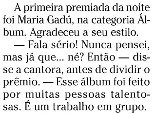 frase de Maria Gadú durante a entrega do prêmio MULTISHOW 2010