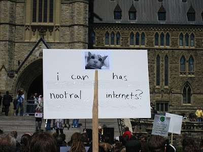Protest Sign with Cat saying I Can Has Nootral Internets?