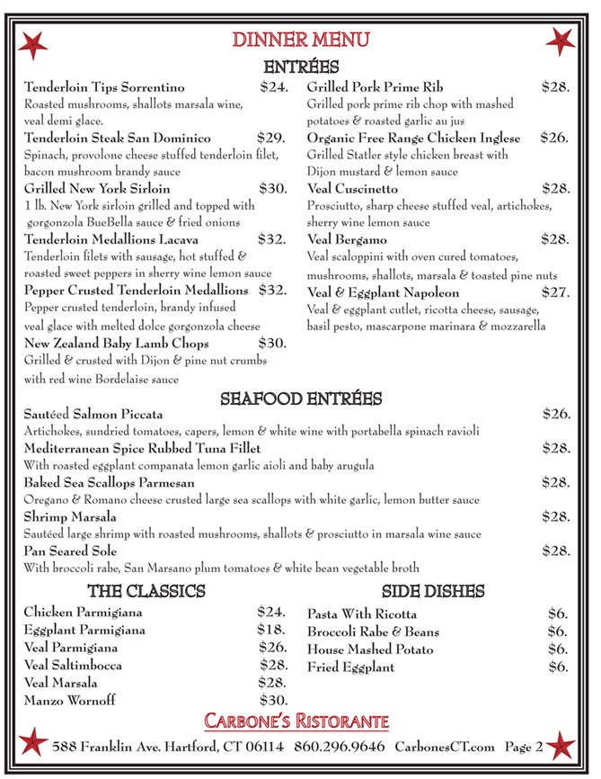 Carbone's Ristorante Menu