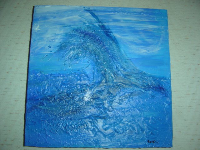 Sam 9 ans...Une grosse vague (peinture avec gel de structure)