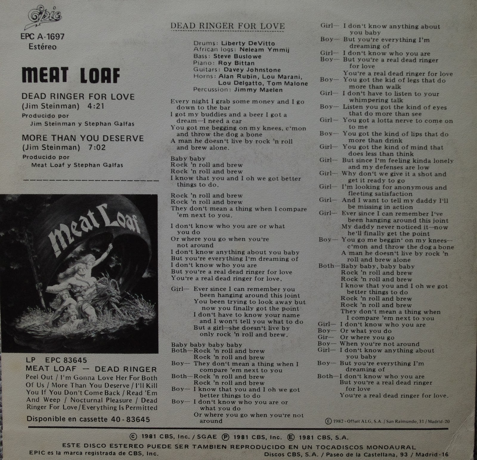 Meat Loaf Vinyl, Singles 7"/12" and other stuff Meat Loaf Dead