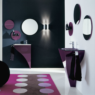 MODERN BATHROOM INTERIOR DESIGN IN VIOLET COLOR WITH ROUND MIRRORS