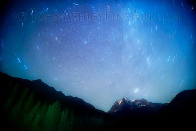 Short startrails with in-camera batteries only, Mount Robson, the highest peak in the Canadian Rockies (c) John Ashley