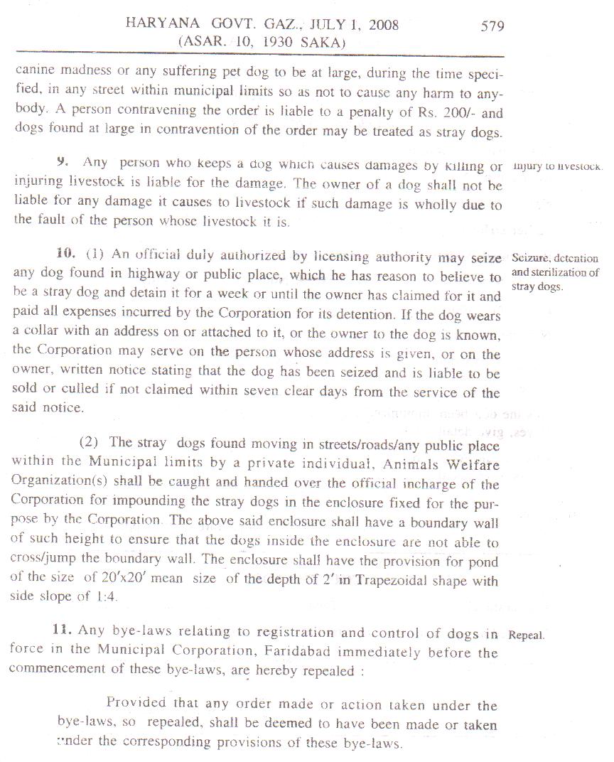 HARYANA MUNICIPAL CORPORATION - DOG BYE-LAWS, 2008