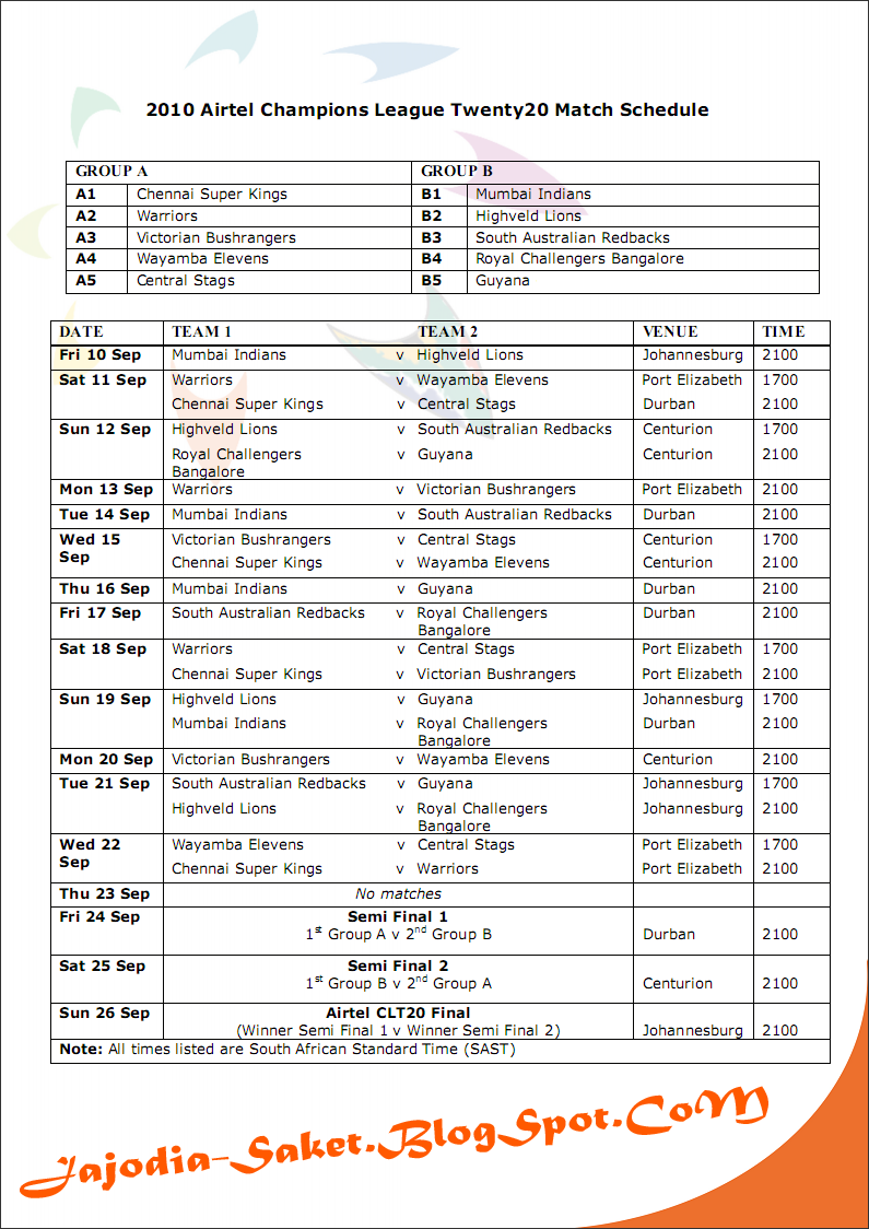 Champions League T20 Cricket Schedule Timetable & Fixtures And Watch
