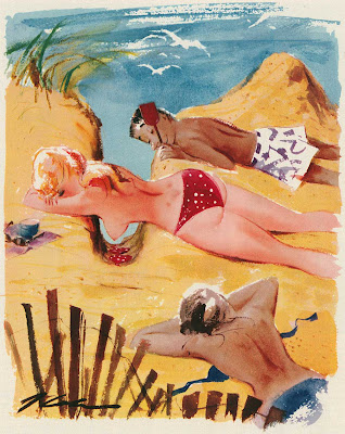 Topless blonde in red polka dot bikini sunbathes on beach in this Playboy cartoon