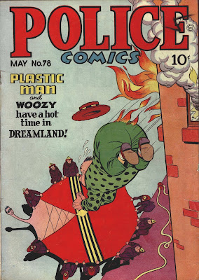 A classic comic book cover showing Plastic Man saving his friend from a burning building in Police Comics 78 by artists Jack Cole.