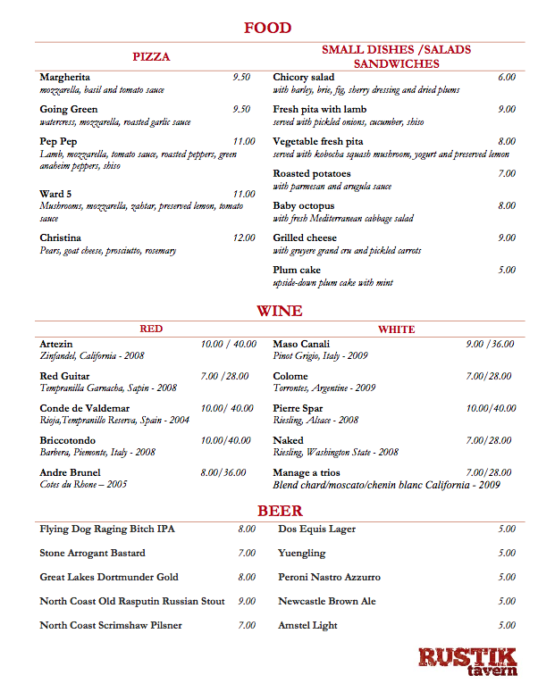 bloomingdale Rustik Tavern Menu and Hours.