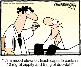 Doctor handing patient a pill and is saying the pill is a mood elevator containing 10mg of zippity and 5 mg of doo-dah