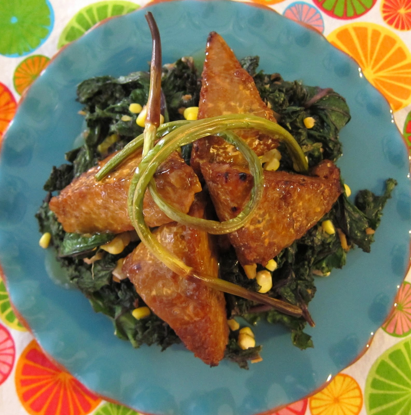Garlic and Sea Salt Miso Tamari Tempeh with Citrus Sauce over Ginger