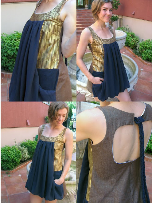 La Mer-navy chiffon. gold painted pattern. brown cotton. back cutout with braided tie. front pocket