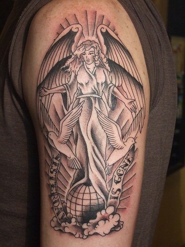 angel sleeve tattoo. shoulder sleeve tattoo.