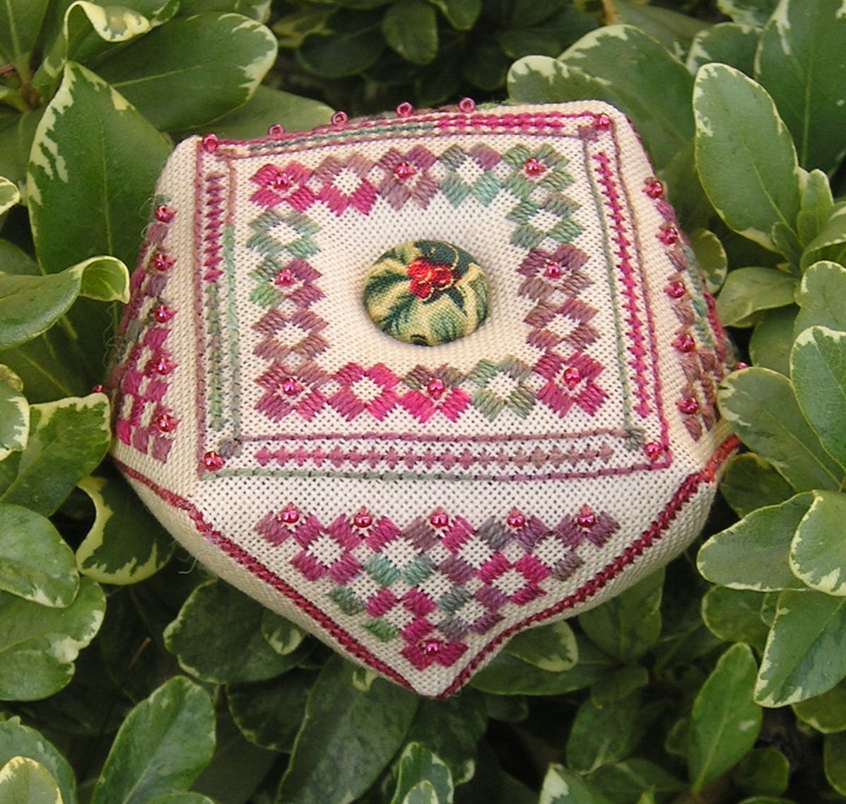 Anita's Little Stitches Christmas Biscornu with Covered Button and I
