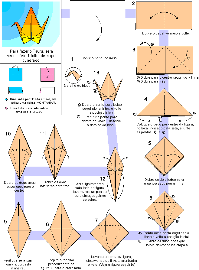 Origami Diagrama do Tsuru e sua simbologia