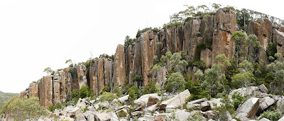 Stitched panorama of the cliff at Lost World, Mt Wellington - 5 Jan 2008
