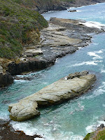 Shore platforms near Remarkable Cave (looking east towards Mt Brown) showing contact between sandstone and dolerite very clearly - 19th August 2008