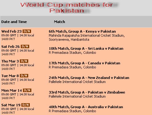World Cup Fixtures(Pak)