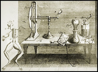 El médico y naturalista italiano Luigi Galvani detectó en 1789 descargas eléctricas mientras ensayaba con ancas de rana. Este grabado nos da una idea del aspecto que tenía el laboratorio de Galvani. Sus investigaciones abrieron nuevas puertas y trajeron nuevos conocimientos en el terreno de la electricidad.