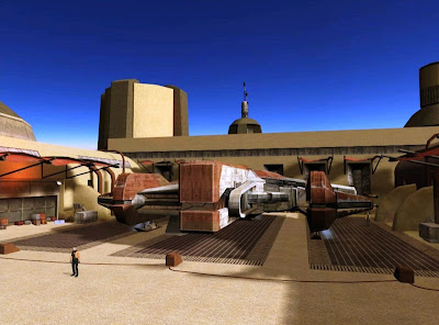 A frontal view of the Ebon Hawk on Tatooine.