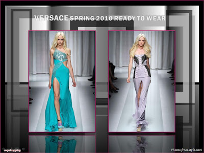 Versace Spring 2010 Ready To Wear turquoise gown and purple gown