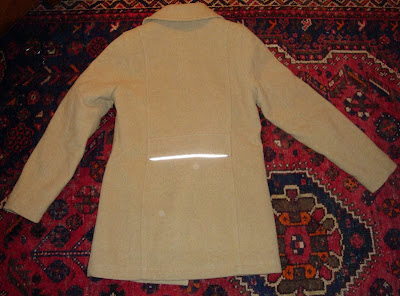 modified cycling coat LL Bean car coat camel wool 3M Scotchlite reflective tape flashed