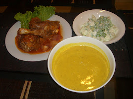 Lamb shank, fruits salad & pumpkin soup