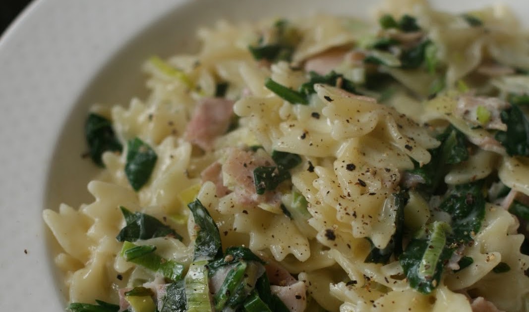 Week of Menus Pasta with Creamed Leek, Spinach, and Ham