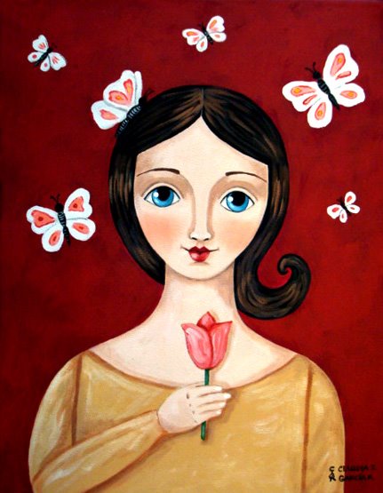 Girl with Tulip and Butterflies