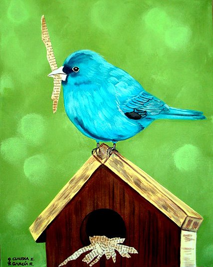 Indigo Bird on Birdhouse