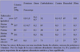 Valores nutricionales de la Yuca