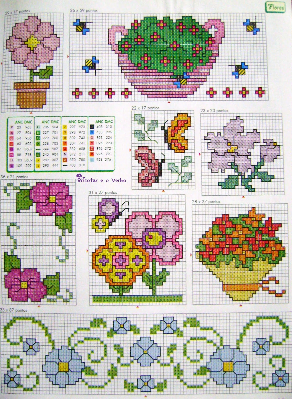 tricotar e o verbo: Gráficos de Flores em Ponto Cruz