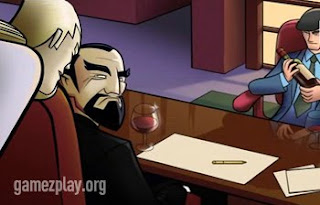 three men sitting at desk one whispering over the sholder of closes dracula character the other man on the opposite side of the desk holds a bottle of wine