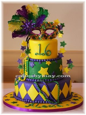 What a fun cake for a Sweet Sixteen party! Alexa's Mardi Gras theme party 