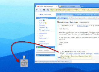 Ein Screenshot zeigt, wie ein Anhang aus einer Email per Drag and Drop auf einen Desktop gezogen wird.