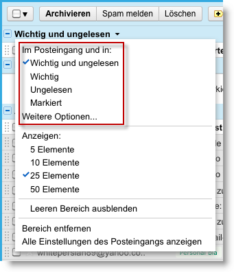 Screenshot der Filtereinstellungen von Google Mail im Posteingang