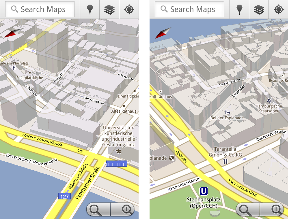Zwei Handy-Screenshot von Google Maps. Die Karte zeigt Hamburg an.