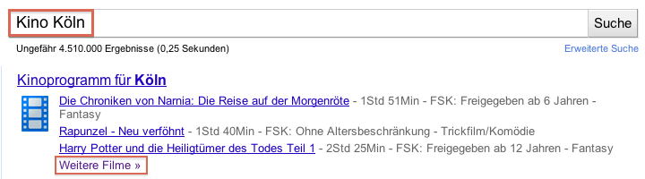 Screenshot von der Suchanfrage "Kino Köln" in der Google Suche