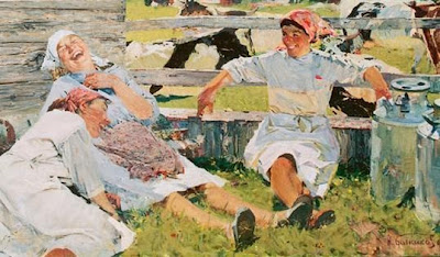 Three milkmaids in white with kerchiefs lounge on grass against a fence, laughing