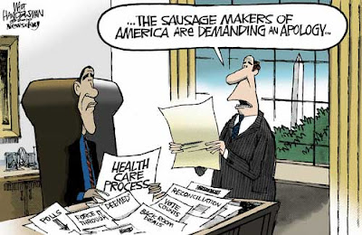 Obama at his desk, buried in paper, while an aide says The sausage makers of America are demanding an apology