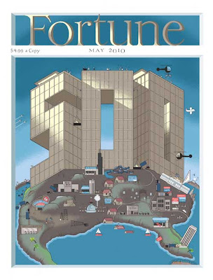 Fortune magazine cover with dominant 500 drawn as a glass-walled building, squatting on the U.S.