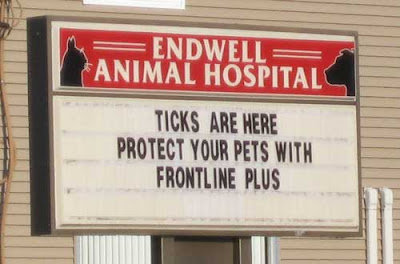 Sign reading Endwell Animal Hospital. Ticks are here, protect your pets with Frontline Plus