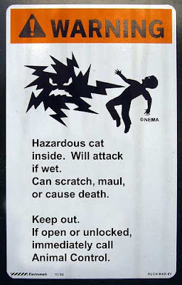 Same sign with a warning as if the electrical shape were a wet cat