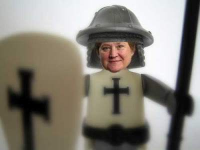 Mashup of Karen Youso's face on a Playmobil knight's body