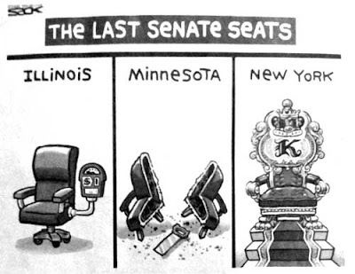 Cartoon comparing the Illinois, Minnesota and New York senate seats. Illinois's seat has a parking meter attached, Minnesota's is cut in half, and New York's is a throne for Caroline Kennedy
