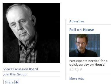 Facebook page with Wendel Berry's black and white photo next to a color photo of Hugh Laurie as Gregory House, who appears to be looking skeptically at Wendell Berry