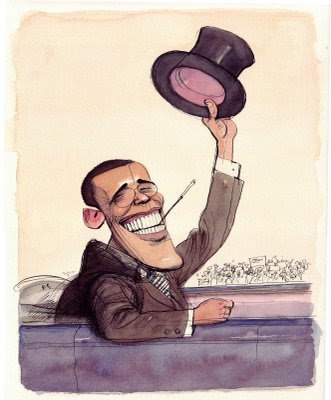 Watercolor illustration of Obama a la FDR at his inauguration, riding in open car with top hat and cigarette in cigarette holder