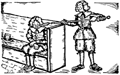 Line art drawing of a puritan holding a stick with a feather on the end, tickling the nose of another puritan sleeping in a church pew