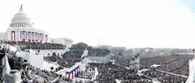 Panoramic shot of the inauguration, Capitol at left, crowd at right