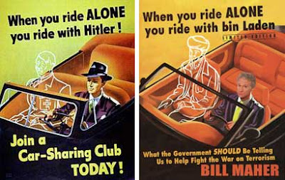Classic When You Drive Alone You Drive with Hitler poster juxtaposed with Bill Maher's When You Drive Alone You Drive with Bin Laden book cover