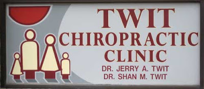 Four oddly shaped humanoid figures under a huge red circle, with the name TWIT CHIROPRACTIC CLINIC next to them